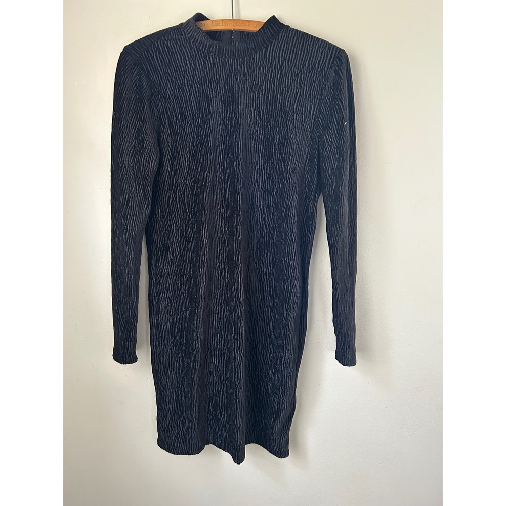H&M Divided Black Crushed Velvet Mock Neck Long Sleeve Open Back Mini Dress Glam